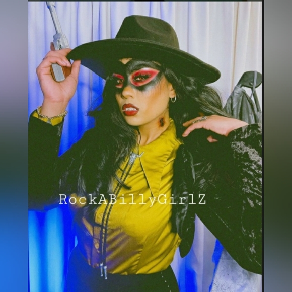 Tatyana 1940's Willow Chartreuse Satin Blouse Pinup Bishop Sleeves Arrow Collar - Picture 7 of 12